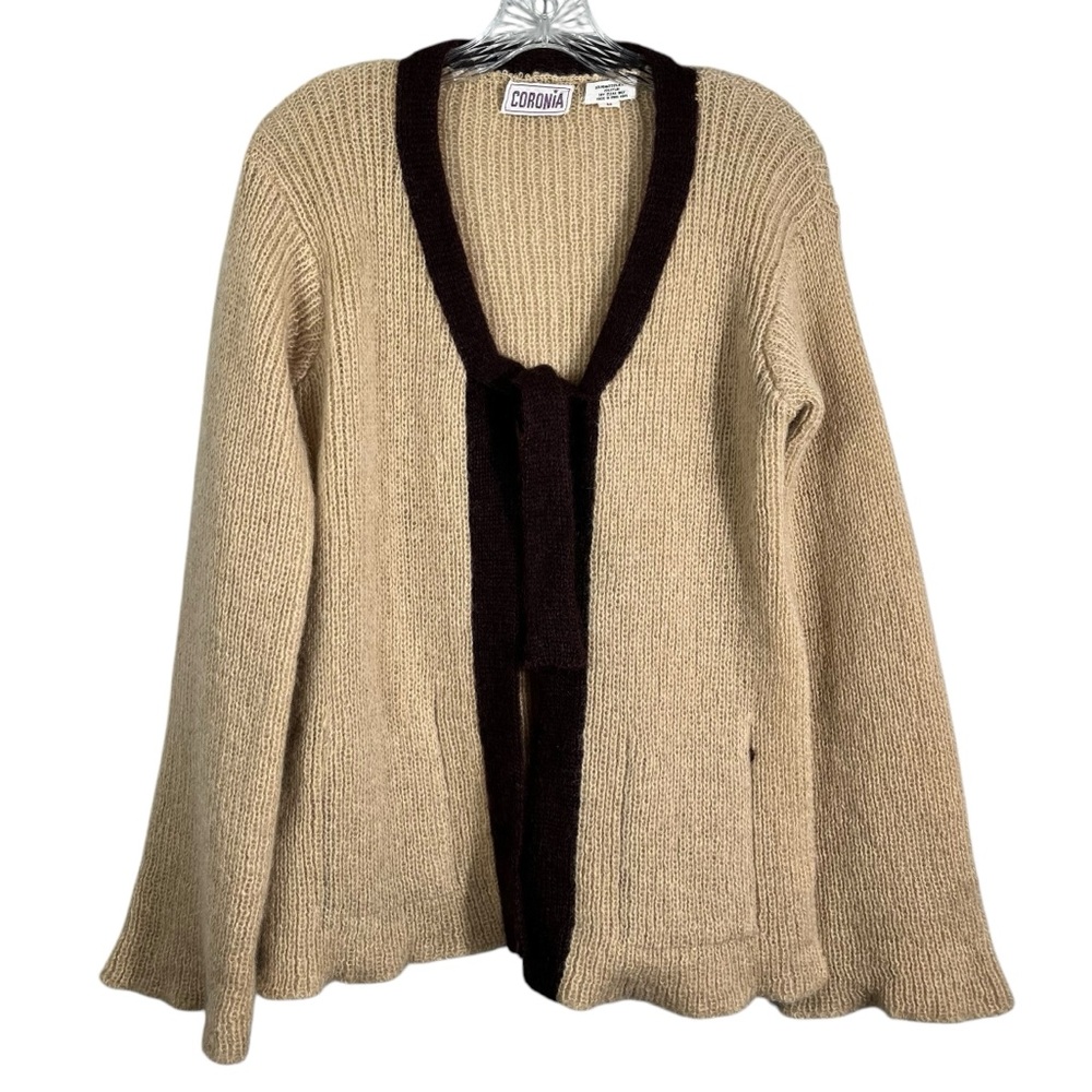 Coronia Vintage 70s Mohair Blend Beige Brown Tie Front Bell Sleeve Cardigan M